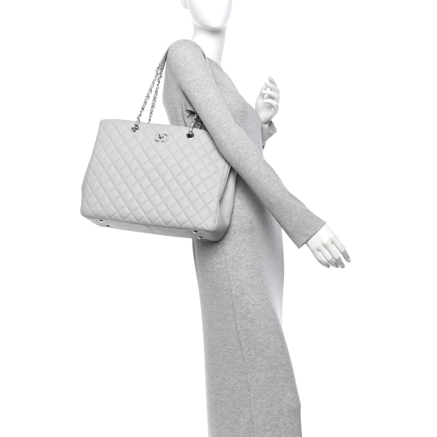 Calfskin Quilted Large Classic Shopping Tote Grey