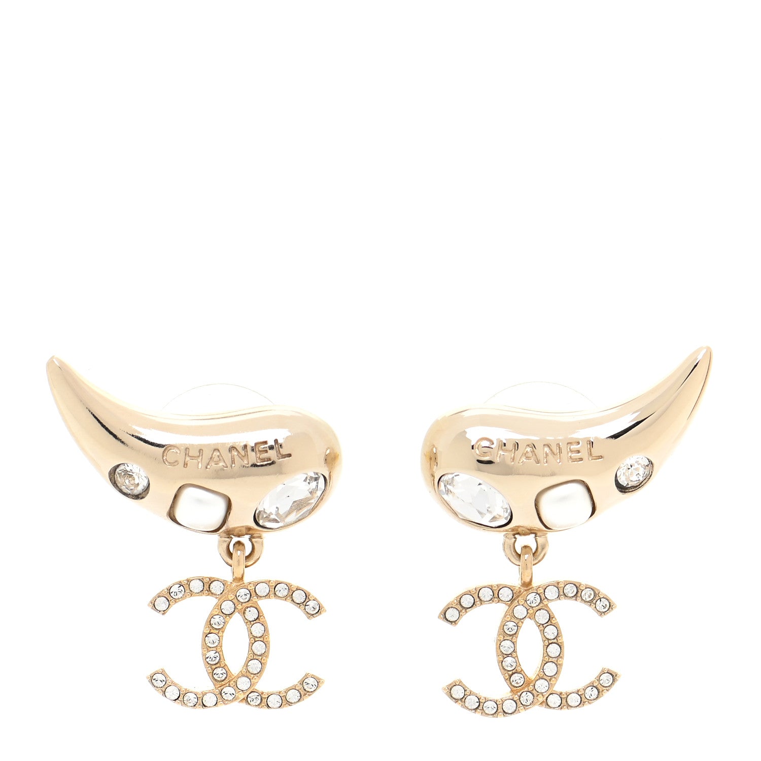 Chanel Crystal Pearl CC Drop Earrings Gold 1 of 5