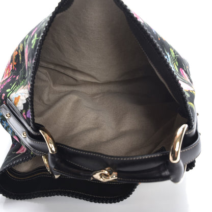 Gucci Canvas Flora Floral Large Horsebit Chain Hobo Black 5 of 7