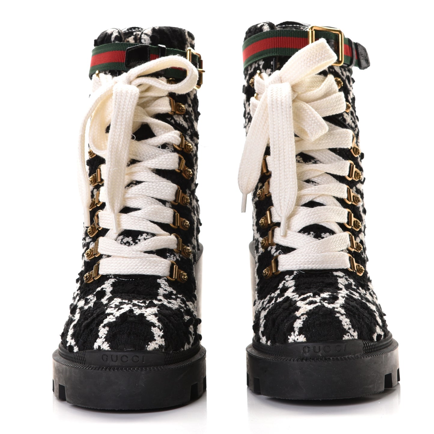 Tweed GG Monogram Lace Up Combat Ankle Boots 37.5 Black