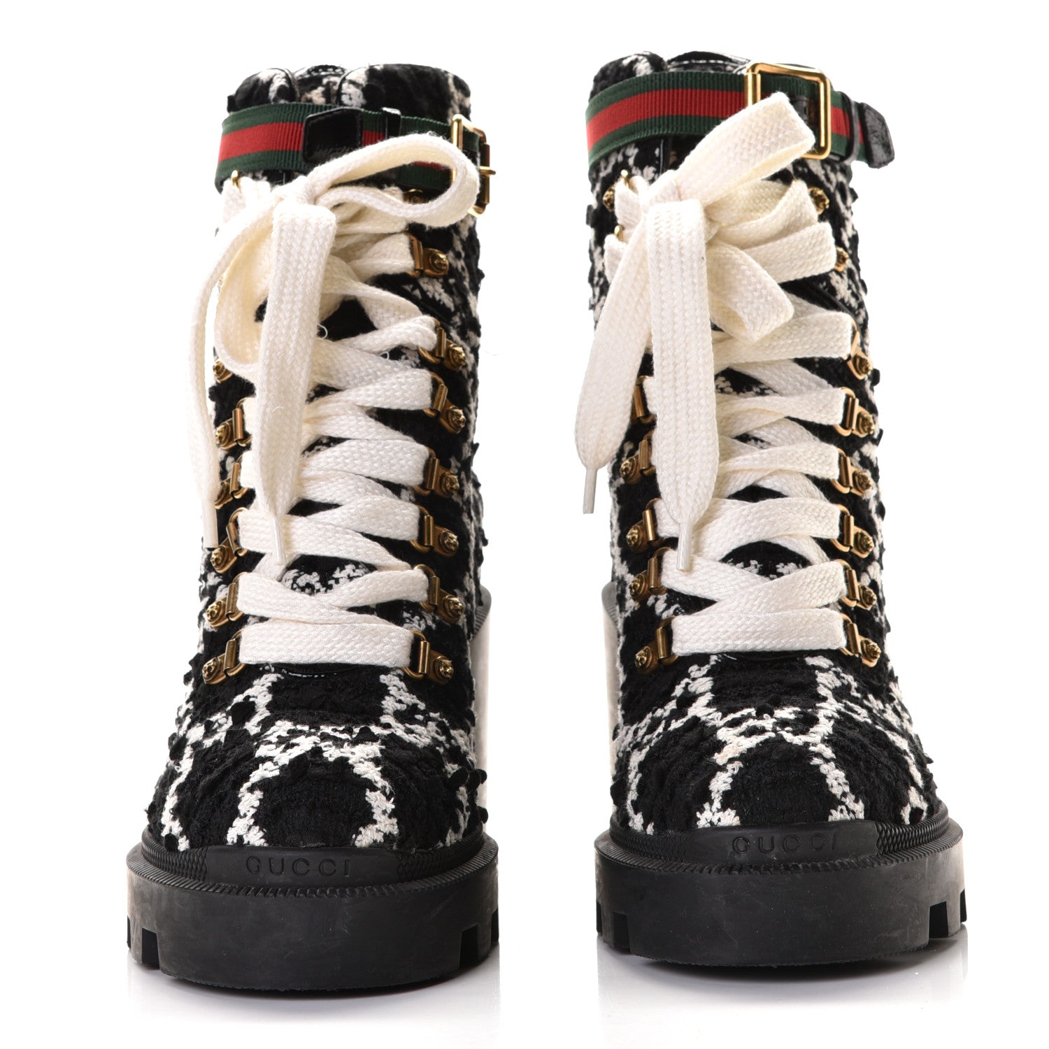 Gucci Tweed GG Monogram Lace Up Combat Ankle Boots 37.5 Black 5 of 10