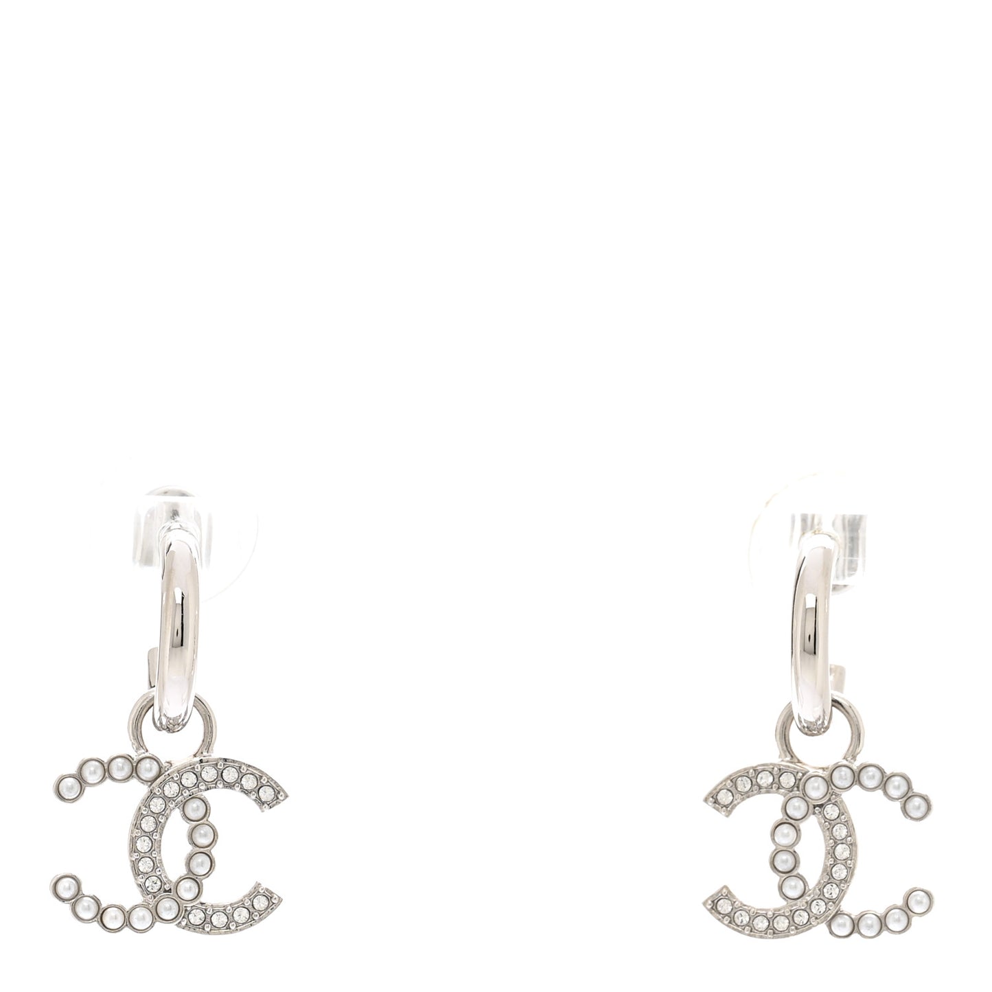 Metal Pearl Crystal CC Drop Earrings Silver