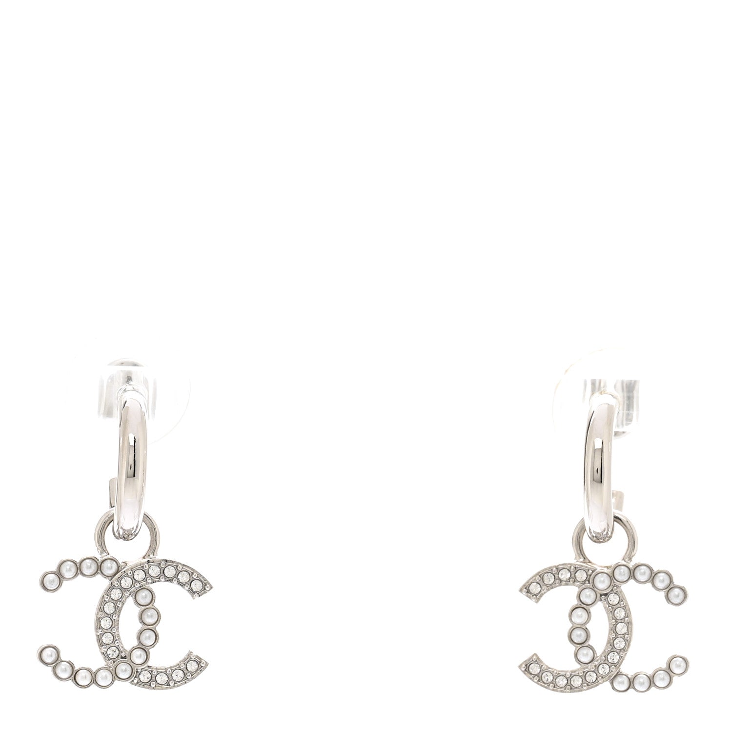 Chanel Metal Pearl Crystal CC Drop Earrings Silver 1 of 4