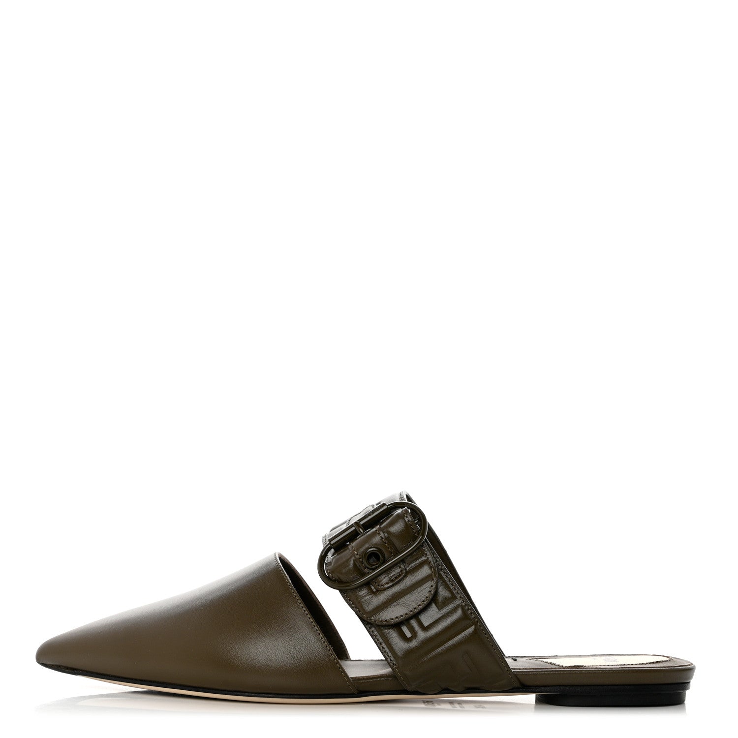 Fendi Vitello FF Embossed Buckle Flat Mules 40.5 Wood 1 of 8