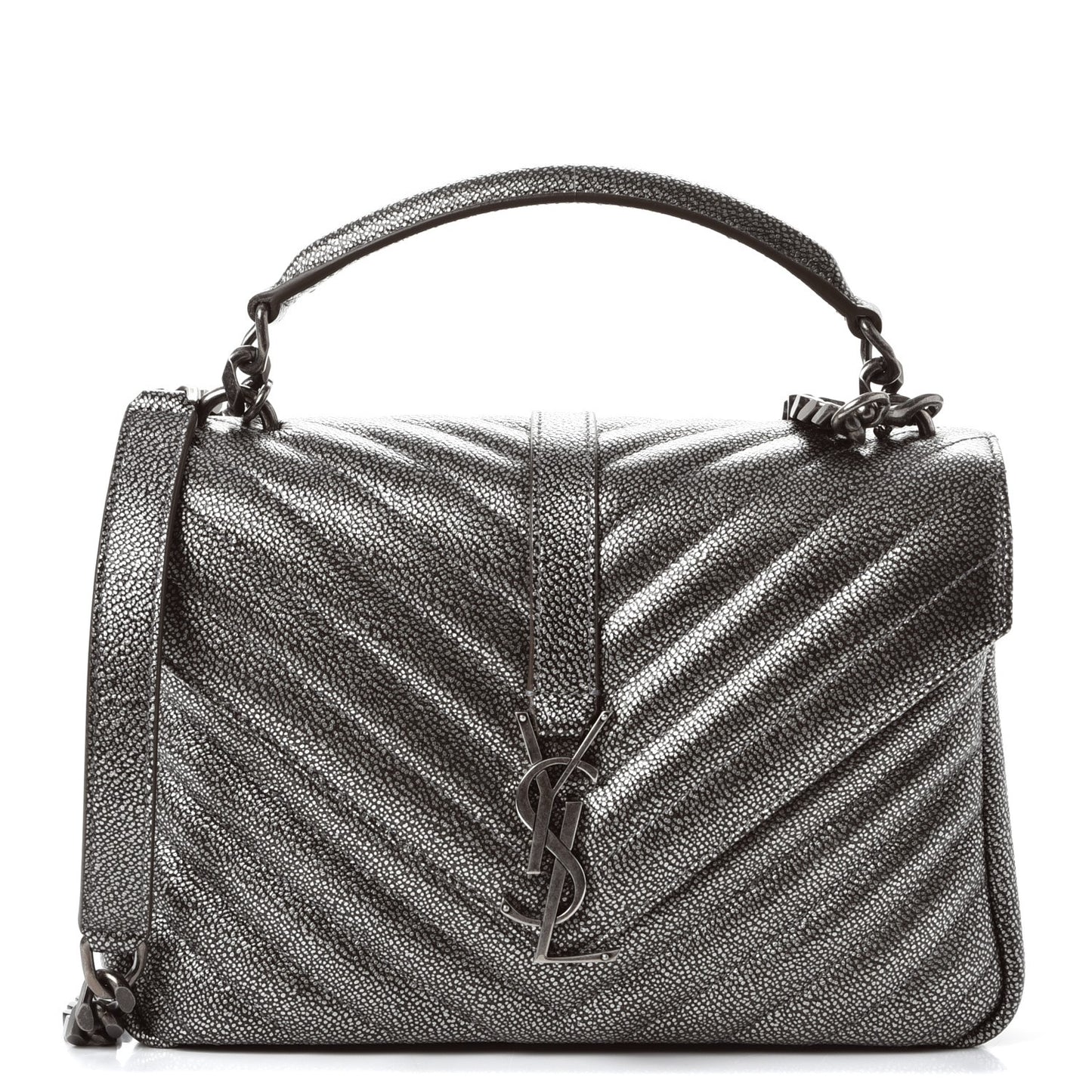 Metallic Grain De Poudre Matelasse Chevron Monogram Medium College Bag Gunmetal