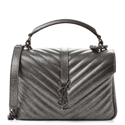 Saint Laurent Metallic Grain De Poudre Matelasse Chevron Monogram Medium College Bag Gunmetal 1 of 8