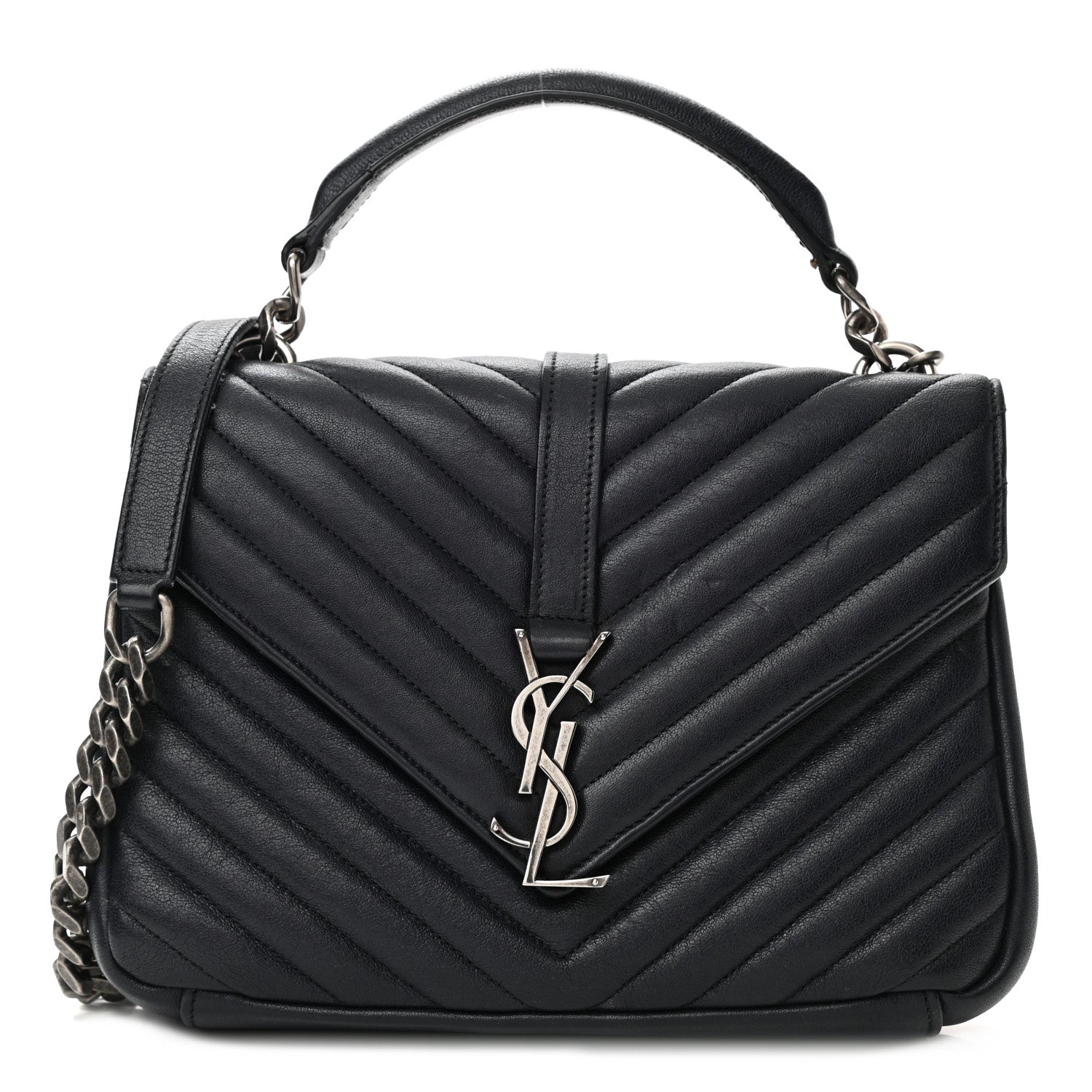 Saint Laurent Sheepskin Matelasse Chevron Monogram Medium College Bag Deep Marine 1 of 9