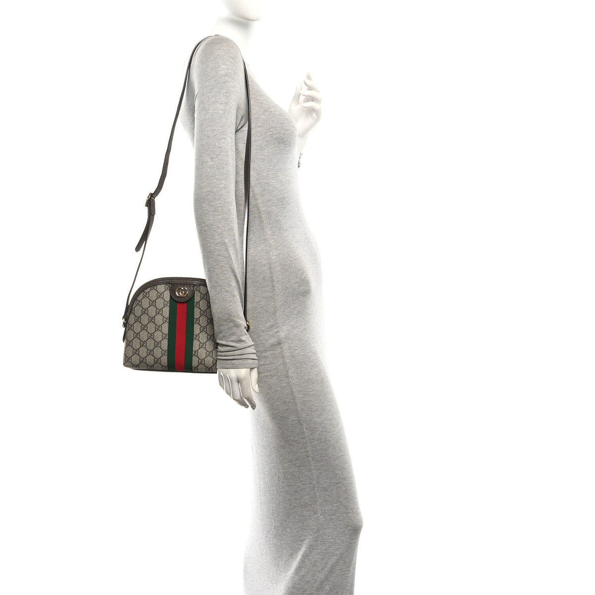 GG Supreme Monogram Textured Dollar Calfskin Web Small Ophidia Dome Shoulder Bag Beige Ebony New Acero