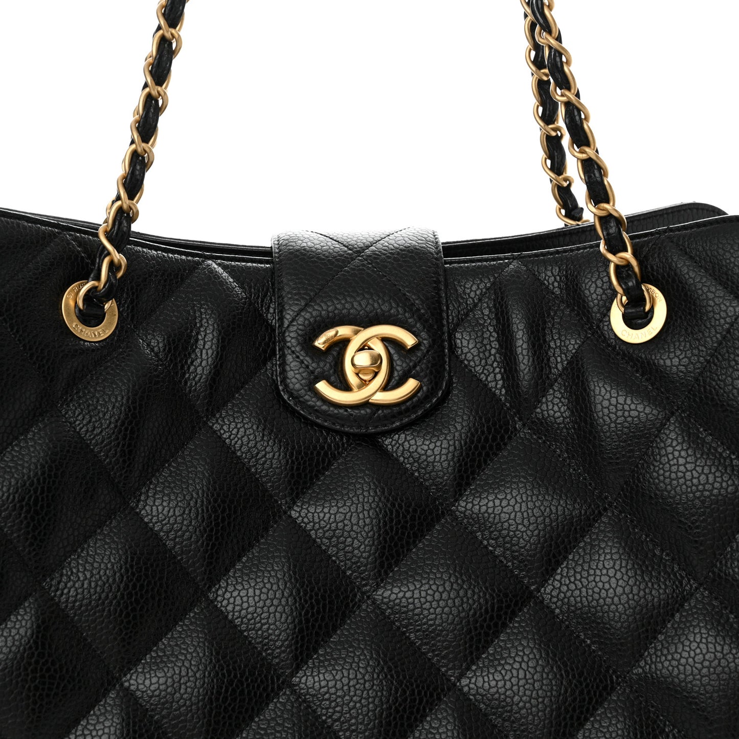 Metallic Grained Calfskin Quilted Shopping Tote Black