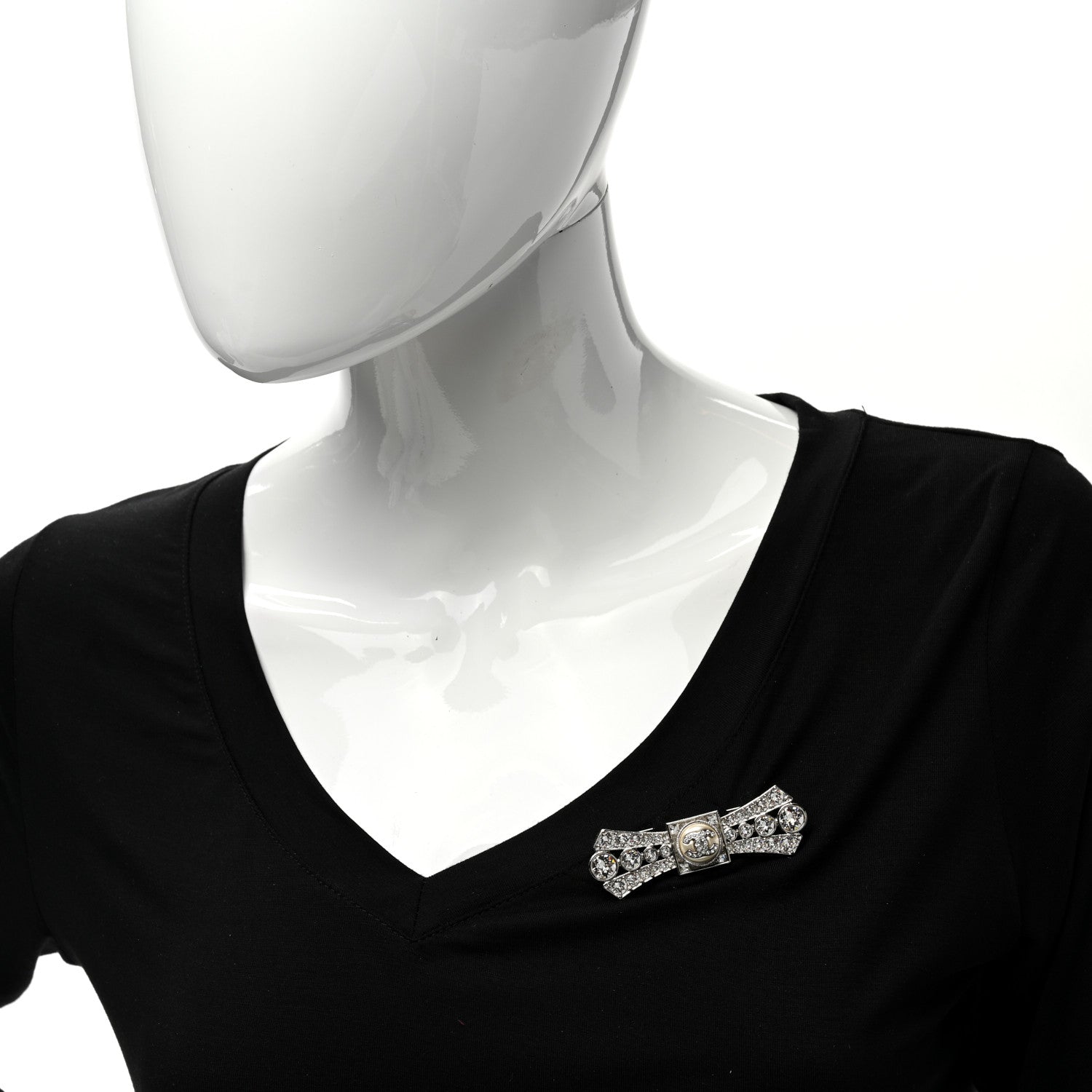 Chanel Metal Crystal CC Logo Bow Brooch Silver 2 of 5