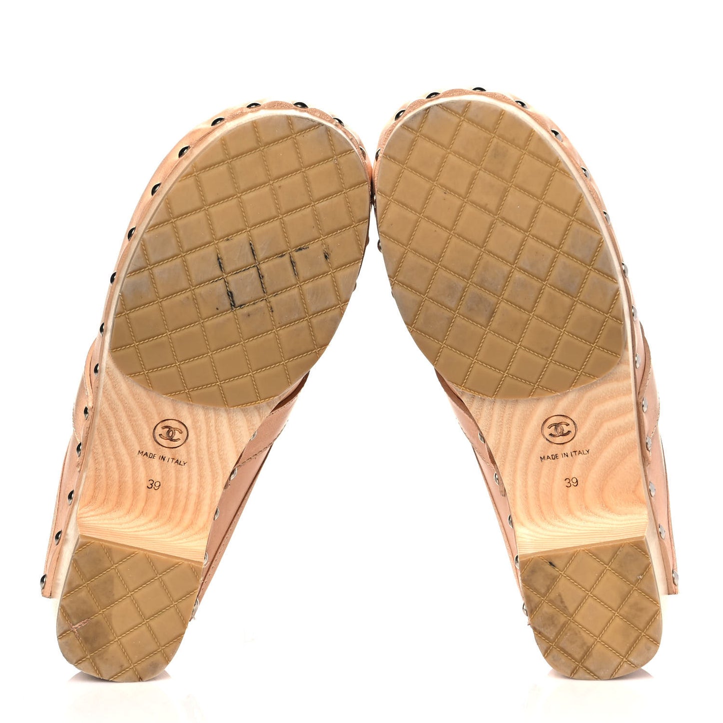 Calfskin Cut Out CC Turn Lock Clogs 39 Beige
