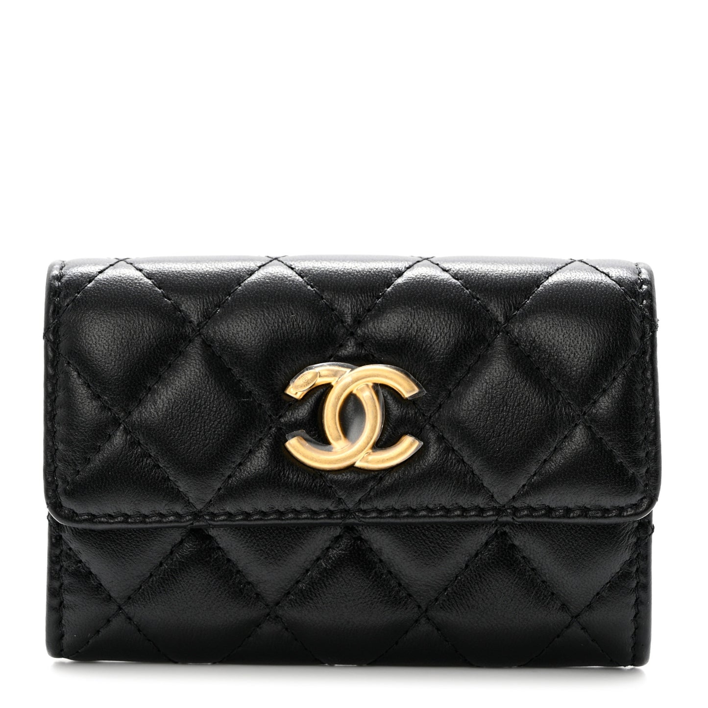 Lambskin Quilted Flap Card Holder Black