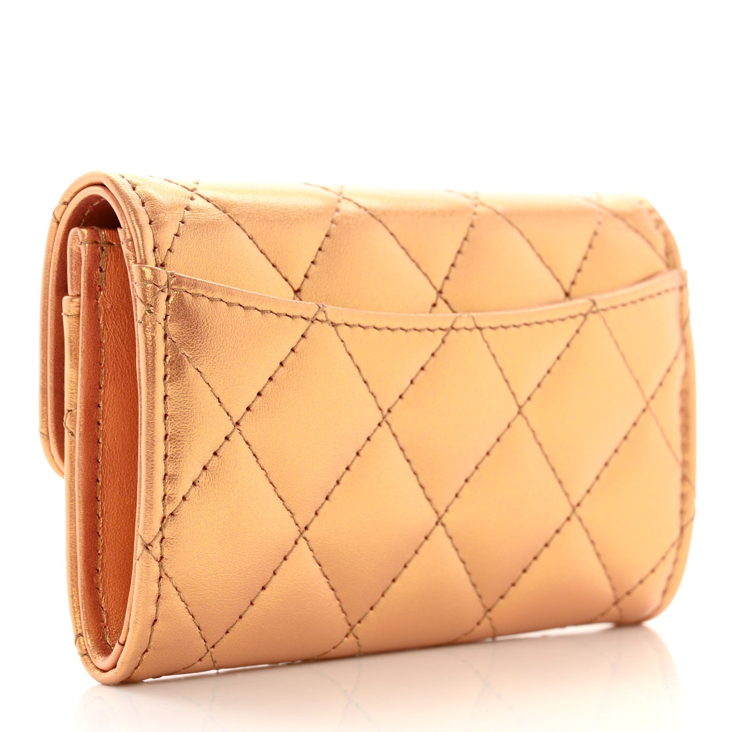 Metallic Lambskin Quilted Flap Card Holder Wallet Golden