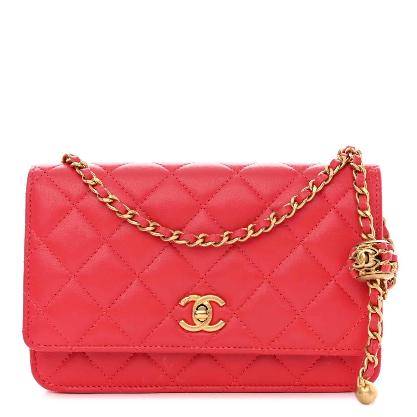 Lambskin Quilted CC Pearl Crush Wallet on Chain WOC Red