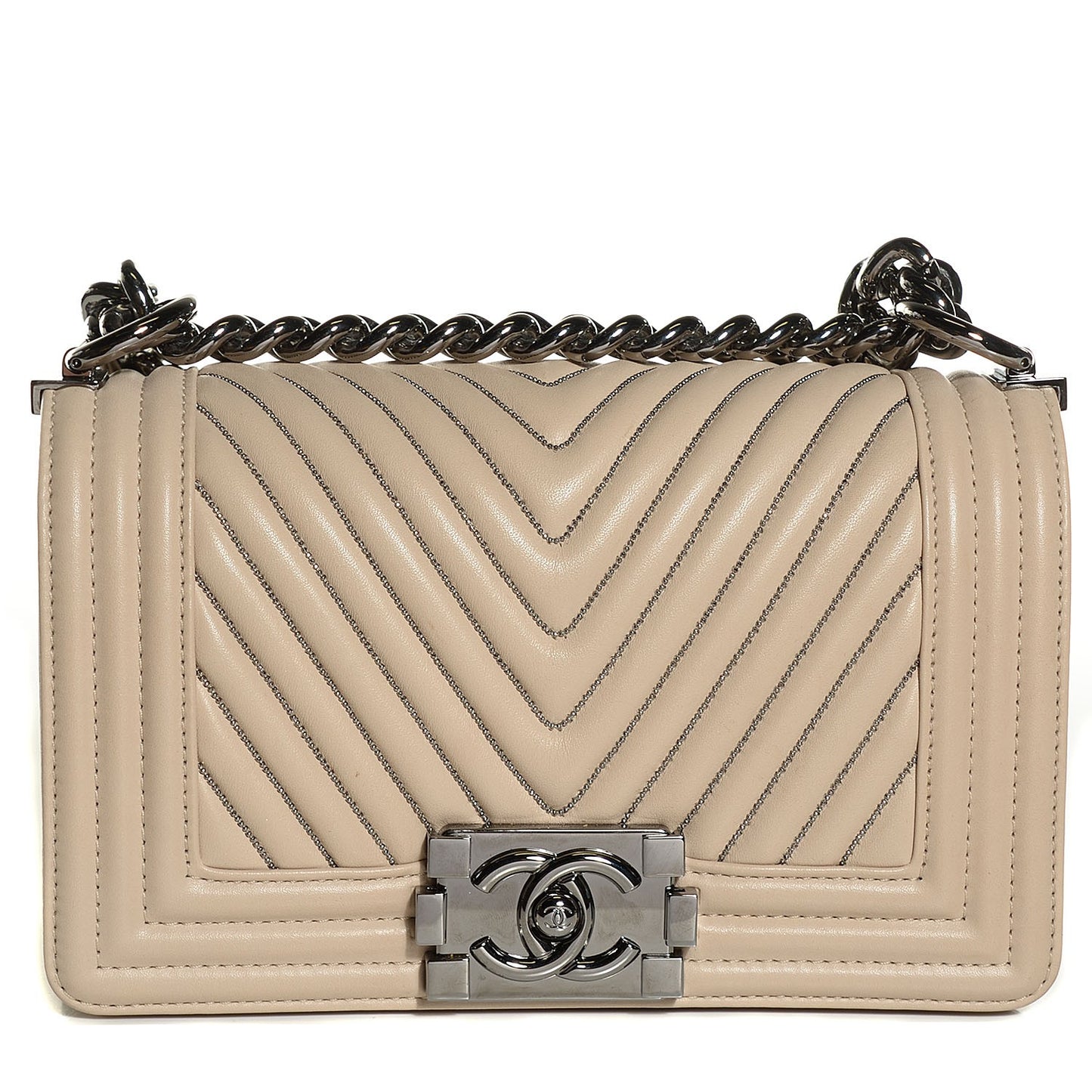 Calfskin Chain Chevron Small Boy Flap Beige Clair
