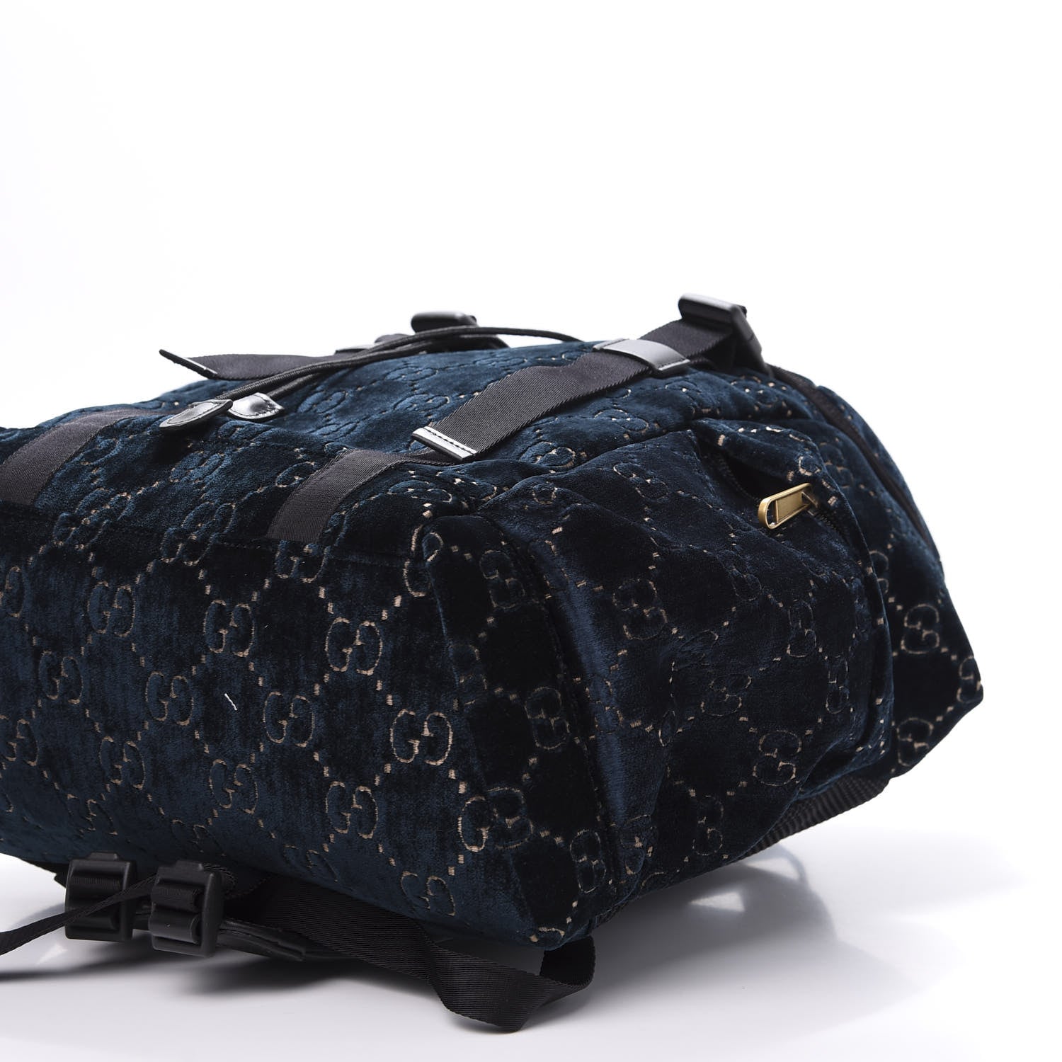 Gucci Velvet GG Monogram Web Medium Double Buckle Backpack Blue Beige Black 9 of 10