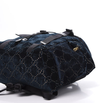 Gucci Velvet GG Monogram Web Medium Double Buckle Backpack Blue Beige Black 9 of 10
