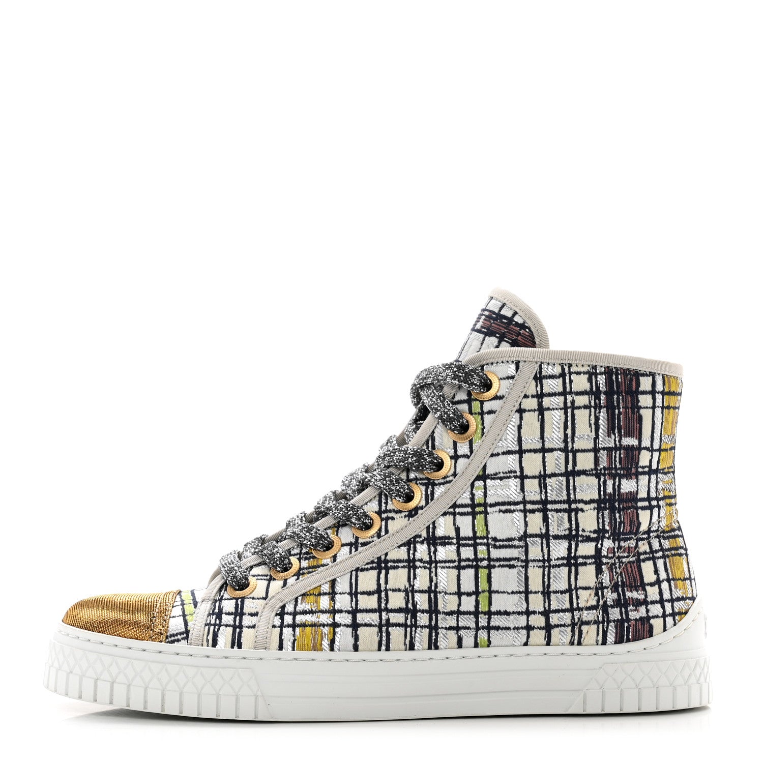 Chanel Metallic Tweed High Top Sneakers 36 Ecru Black Yellow Gold 1 of 8