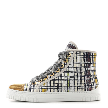 Chanel Metallic Tweed High Top Sneakers 36 Ecru Black Yellow Gold 1 of 8
