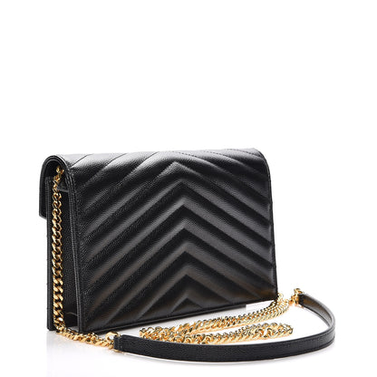 Saint Laurent Grain De Poudre Matelasse Chevron Monogram Envelope Chain Wallet Black 5 of 17