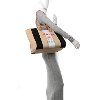 Chanel Straw Raffia Calfskin Striped Medium Deauville Tote Black Beige Ivory 2 of 15