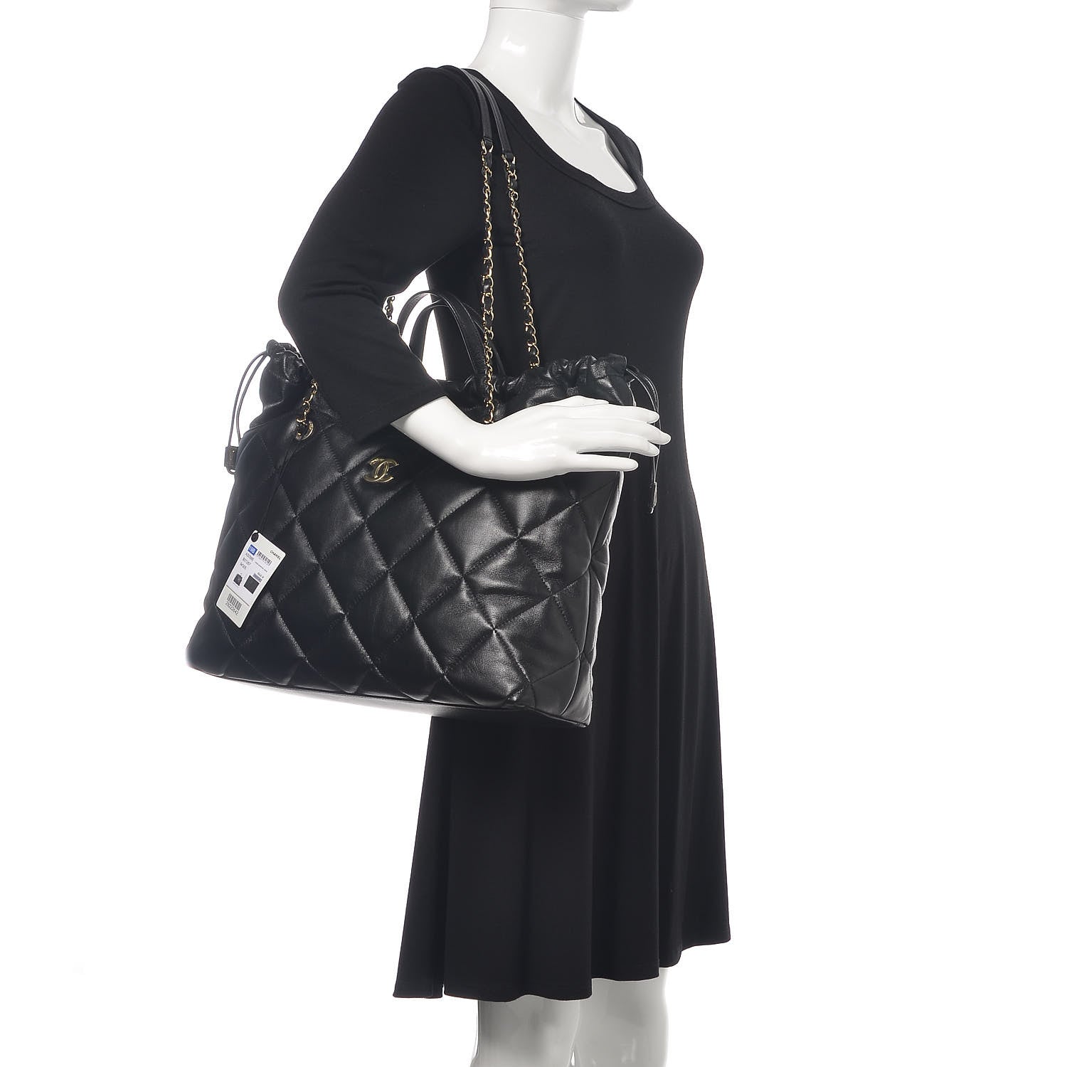 Chanel Lambskin Quilted Drawstring Shopping Bag Black 2 of 12