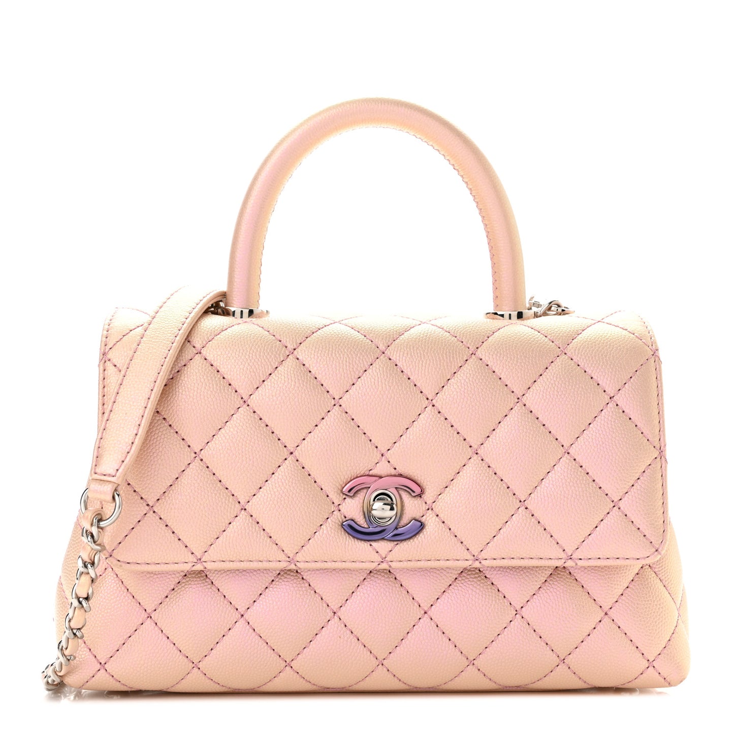 Iridescent Caviar Quilted Mini Coco Handle Flap Pink