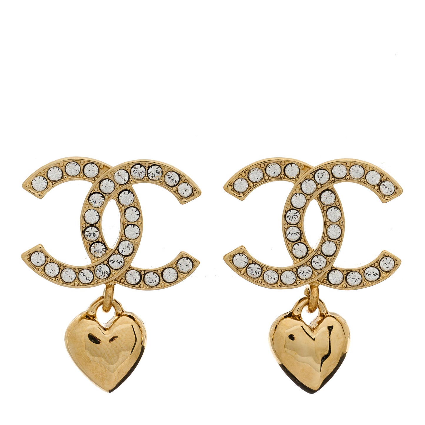 Metal Crystal CC Heart Drop Earrings Gold