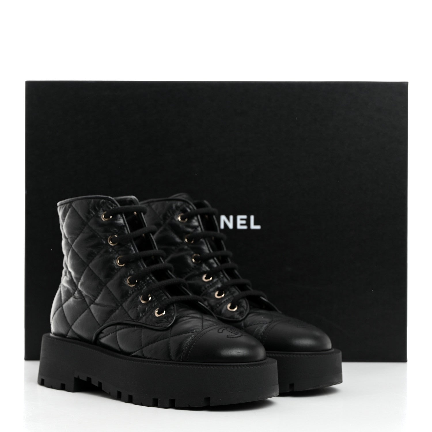 Chanel Crumpled Lambskin Quilted Platform Lace Up Combat Boots 37 Black 9 of 9