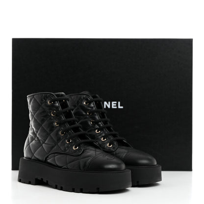 Chanel Crumpled Lambskin Quilted Platform Lace Up Combat Boots 37 Black 9 of 9