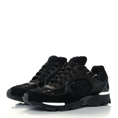 Chanel Tweed Suede Goatskin CC Sneakers 37 Black White 3 of 12