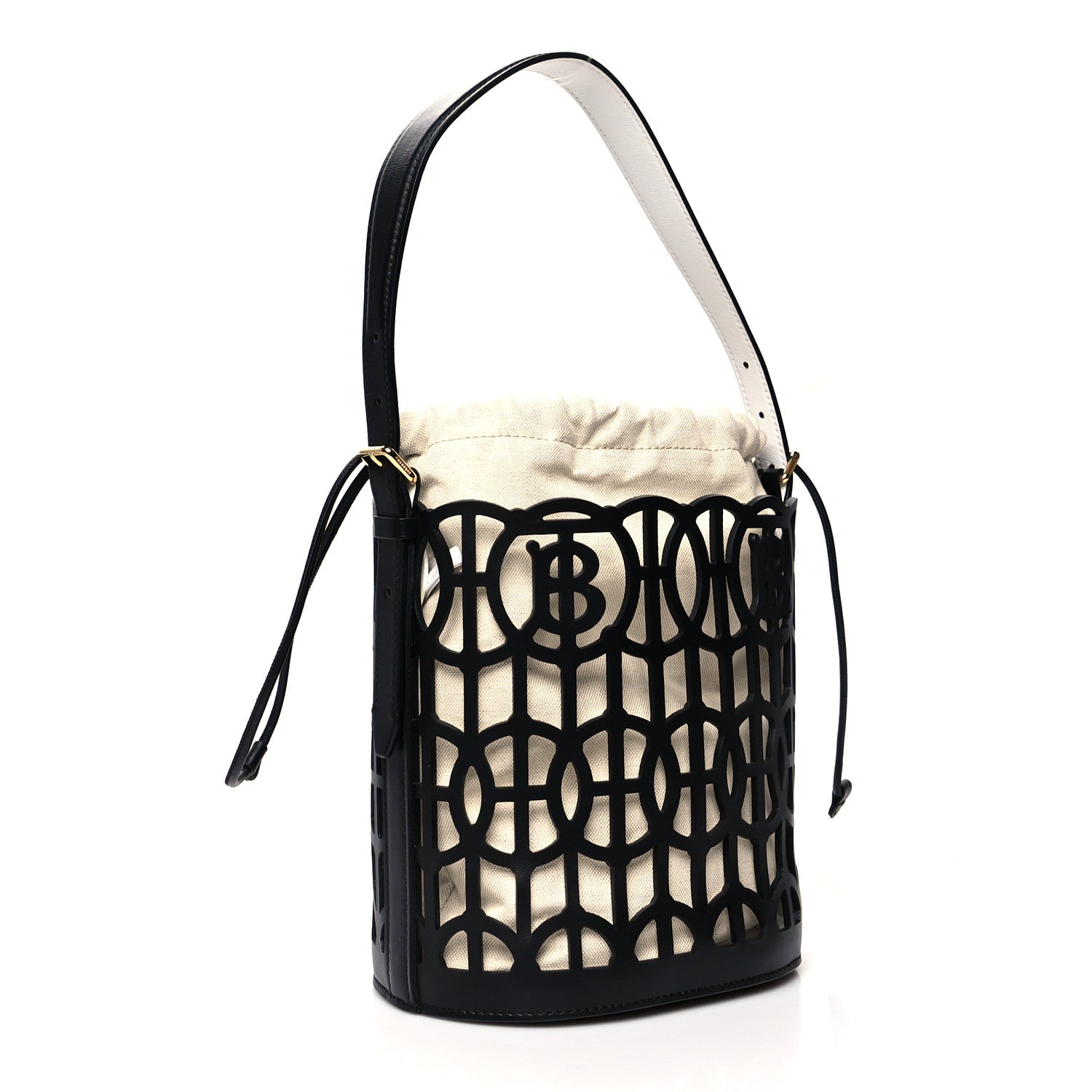 Burberry Canvas Calfskin Laser Cut Drawstring Bucket Bag Black 2 of 9