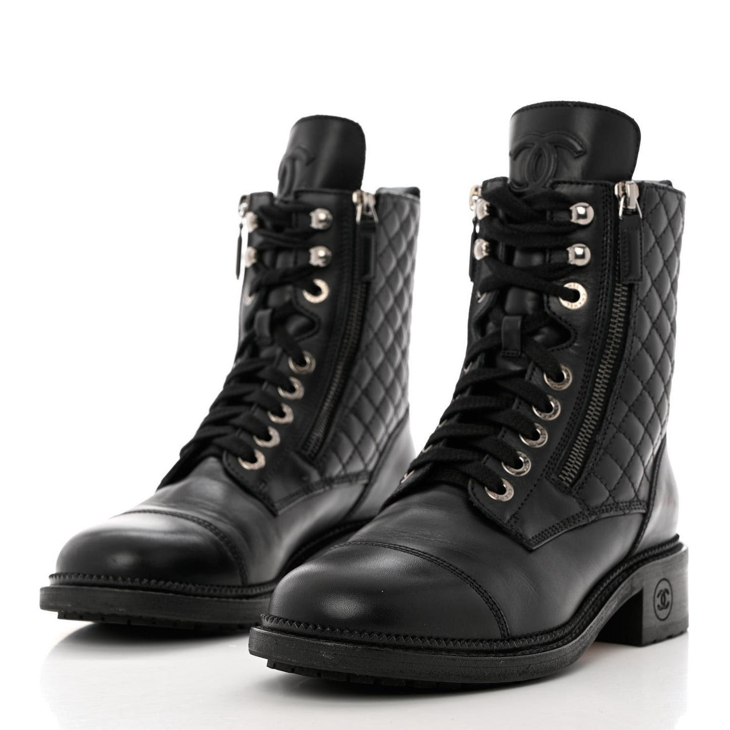 Calfskin Quilted Lace Up Combat Boots 38 Black