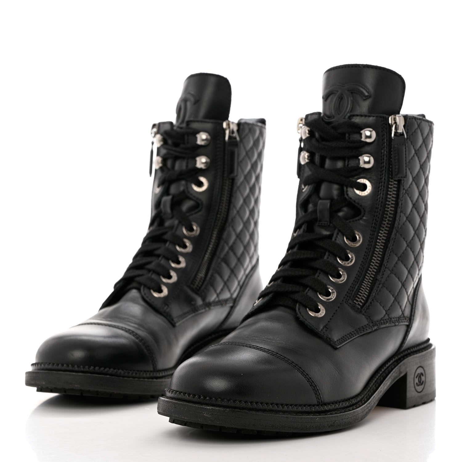 Chanel Calfskin Quilted Lace Up Combat Boots 38 Black 3 of 9