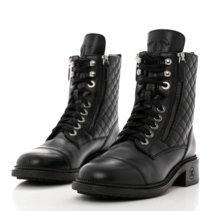 Chanel Calfskin Quilted Lace Up Combat Boots 38 Black 3 of 9