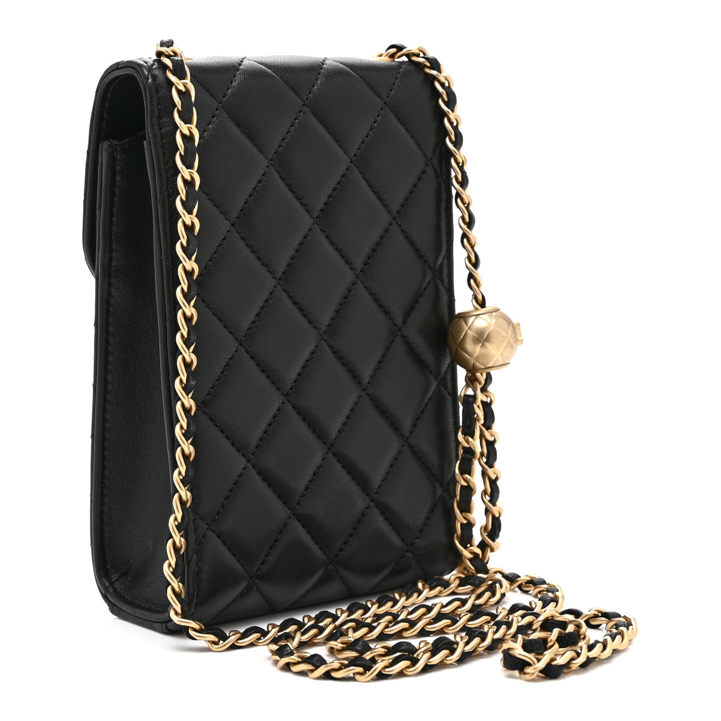 Lambskin Quilted Pearl Crush Phone Holder With Chain Black