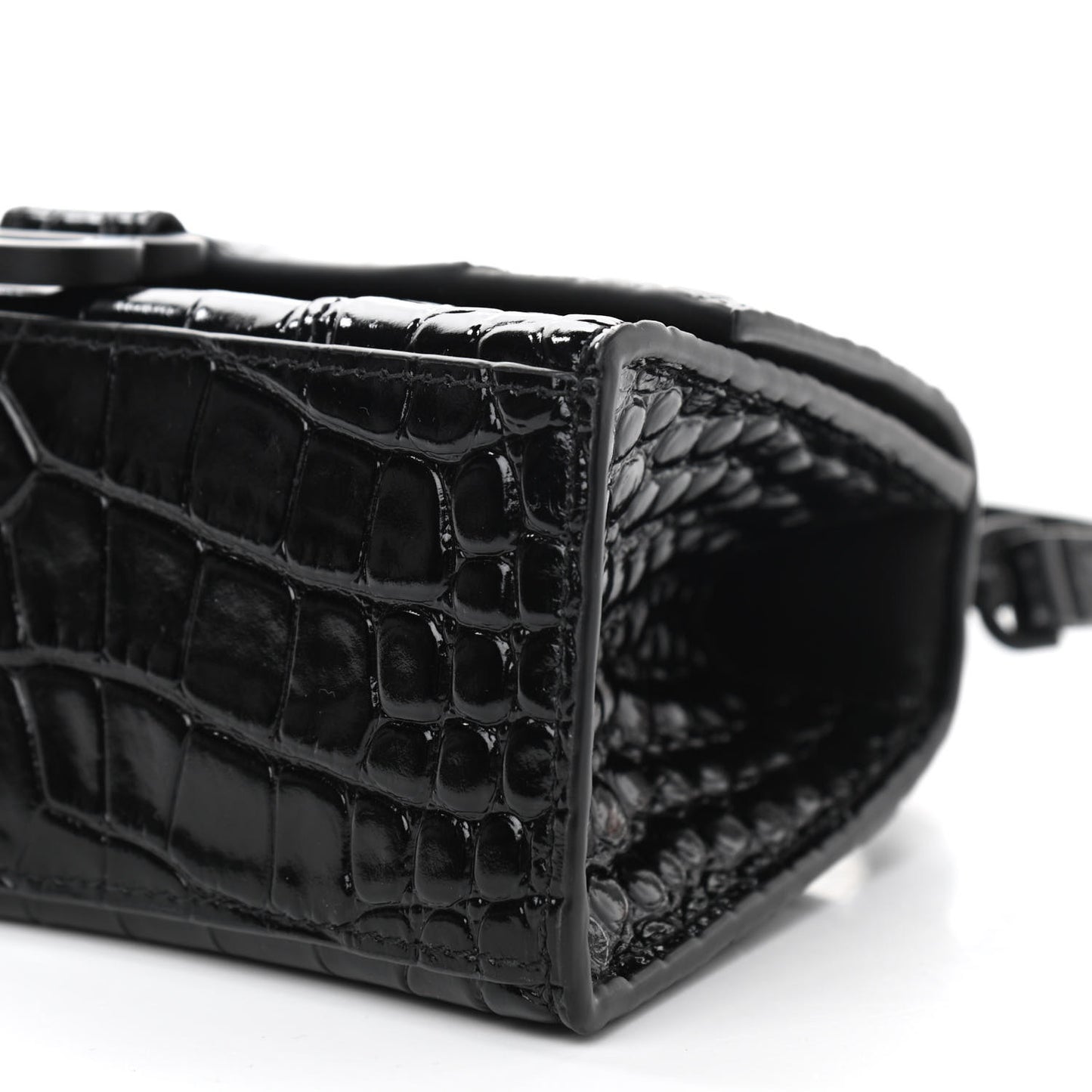 Shiny Calfskin Monochrome Crocodile Embossed Hourglass Top Handle Bag XS Black
