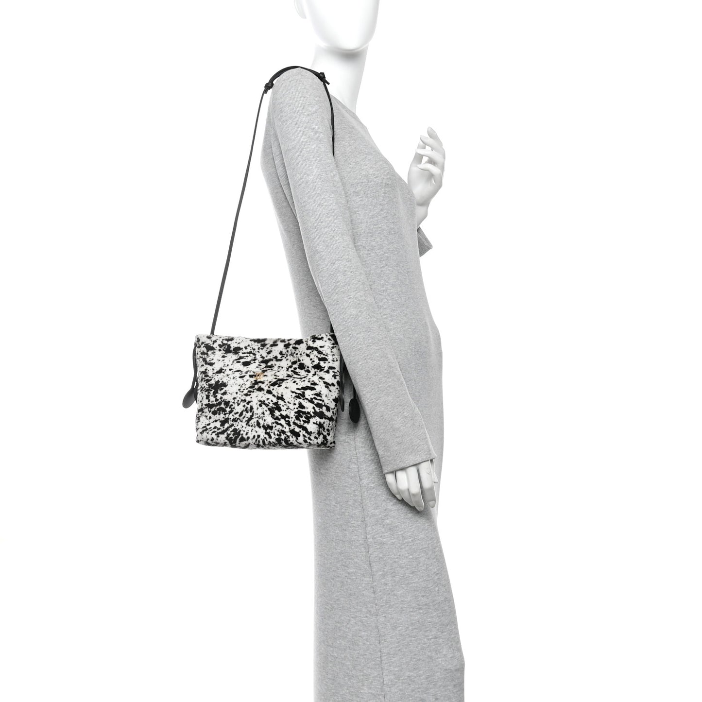 Pony Hair Printed Drawstring Clutch With Strap White Black