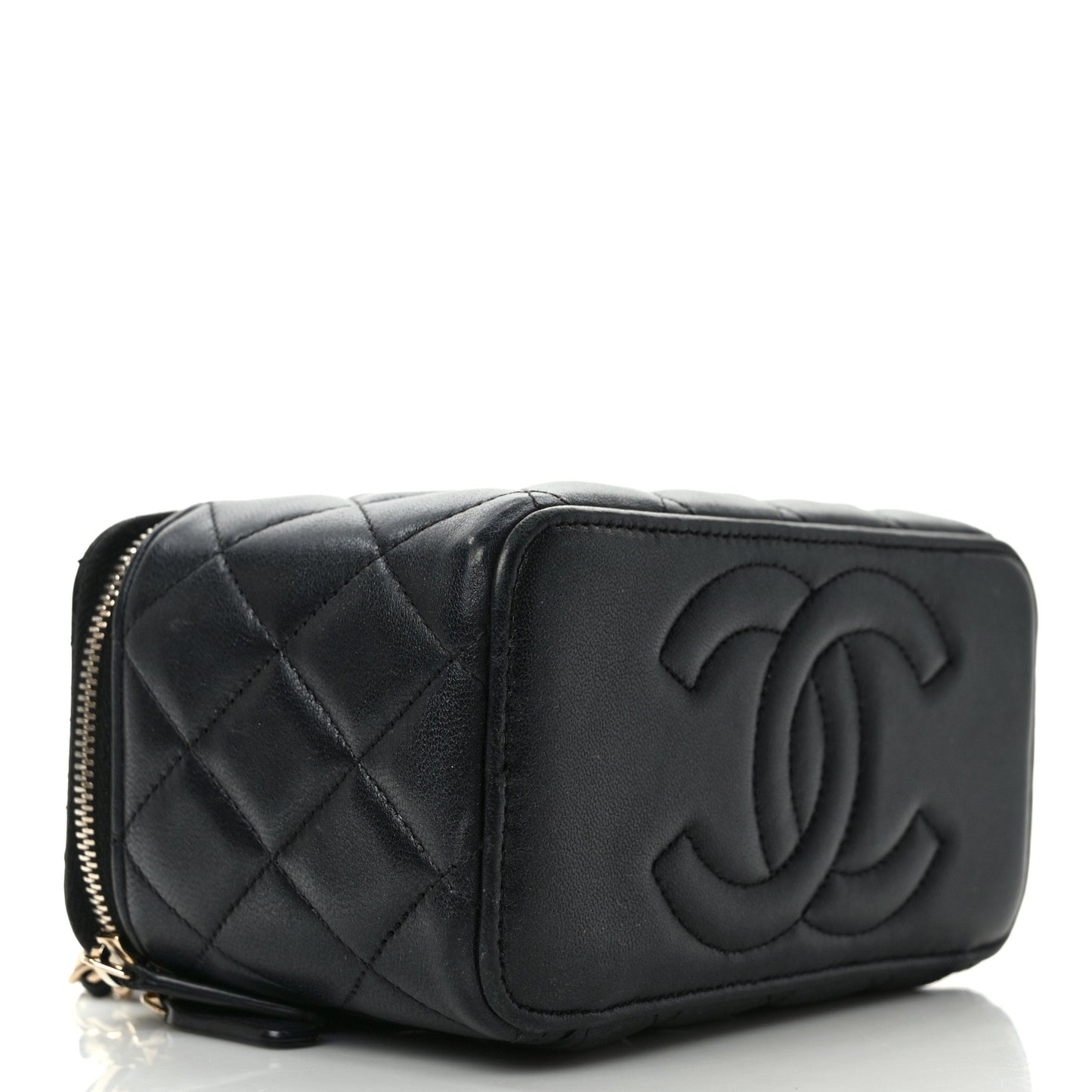 Lambskin Quilted Small Top Handle Vanity Case With Chain Black
