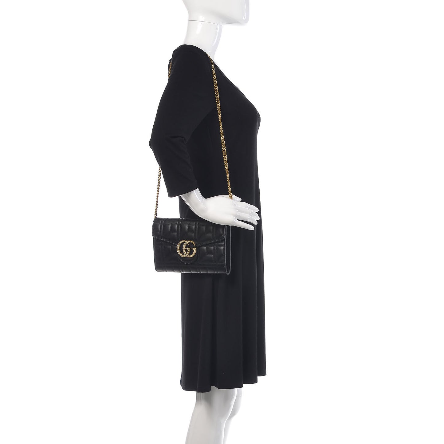 Calfskin Matelasse Mini Pearly GG Marmont Chain Wallet Black