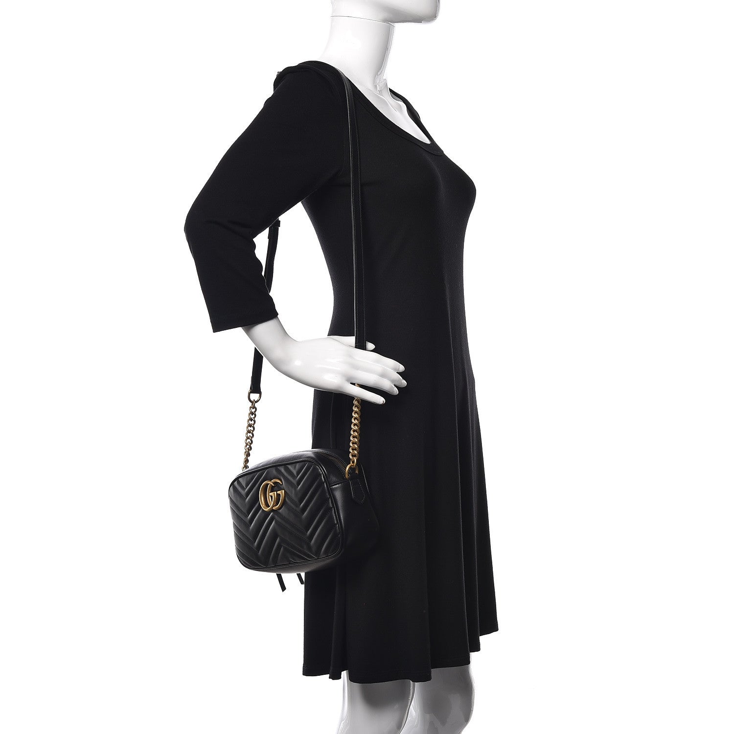 Gucci Calfskin Matelasse Small GG Marmont Chain Shoulder Bag Black 2 of 9