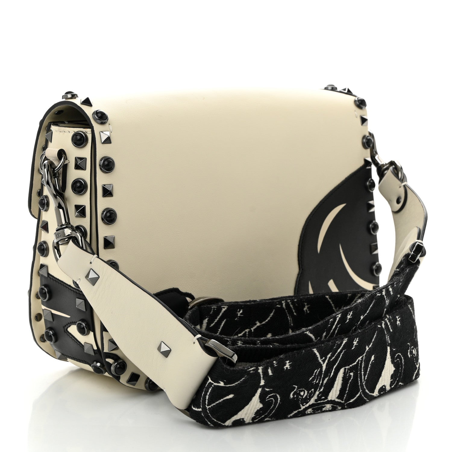 Valentino Garavani Calfskin Panther Medium Guitar Strap Rockstud Rolling Flap Saddle Bag Light Ivory Black 3 of 10