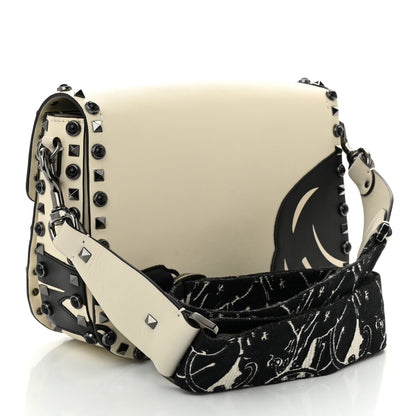 Valentino Garavani Calfskin Panther Medium Guitar Strap Rockstud Rolling Flap Saddle Bag Light Ivory Black 3 of 10