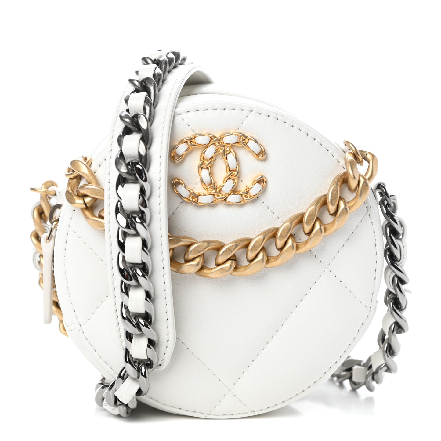 Goatskin Quilted Chanel 19 Round Clutch With Chain White
