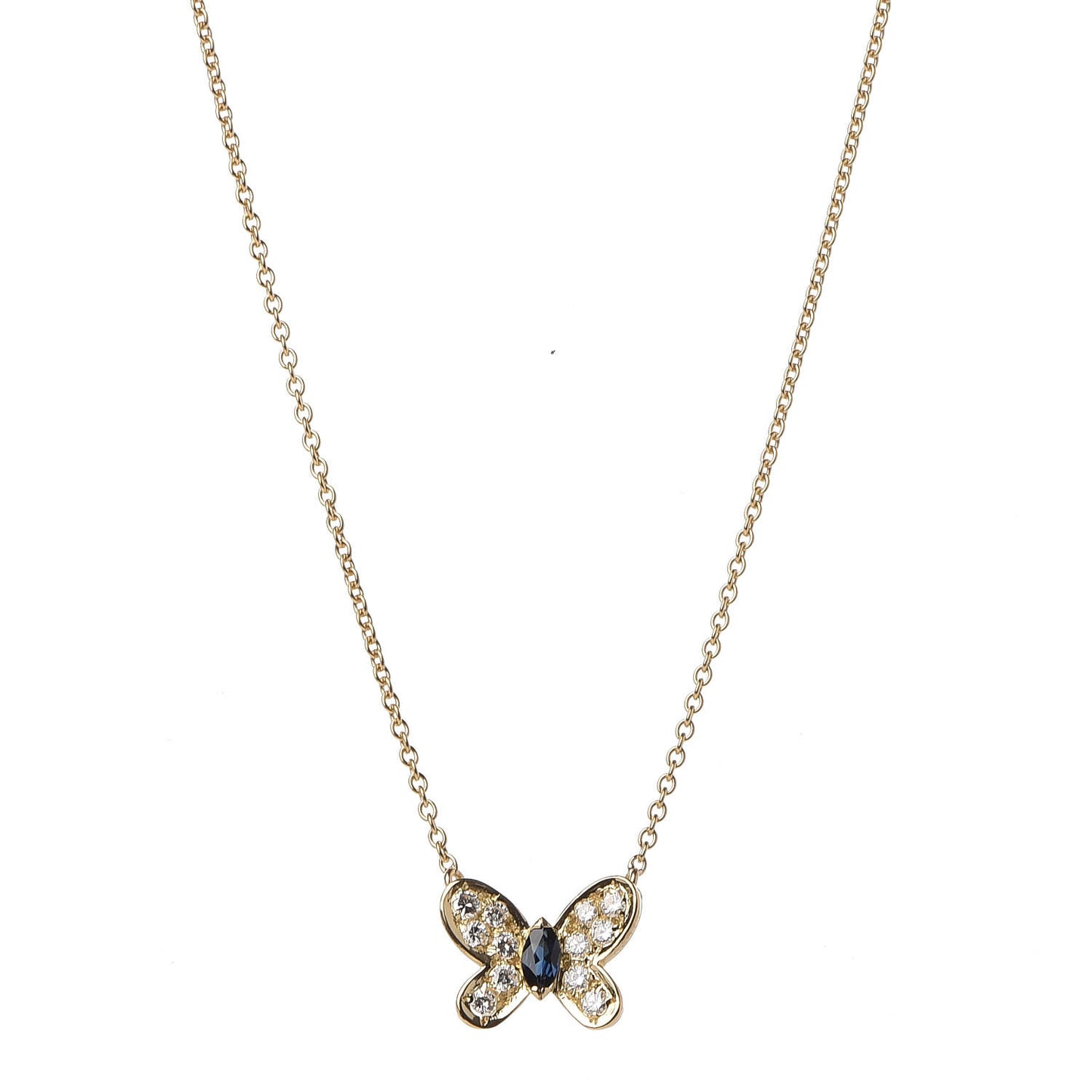 18K Yellow Gold Diamond Blue Sapphire Butterfly Pendant Necklace