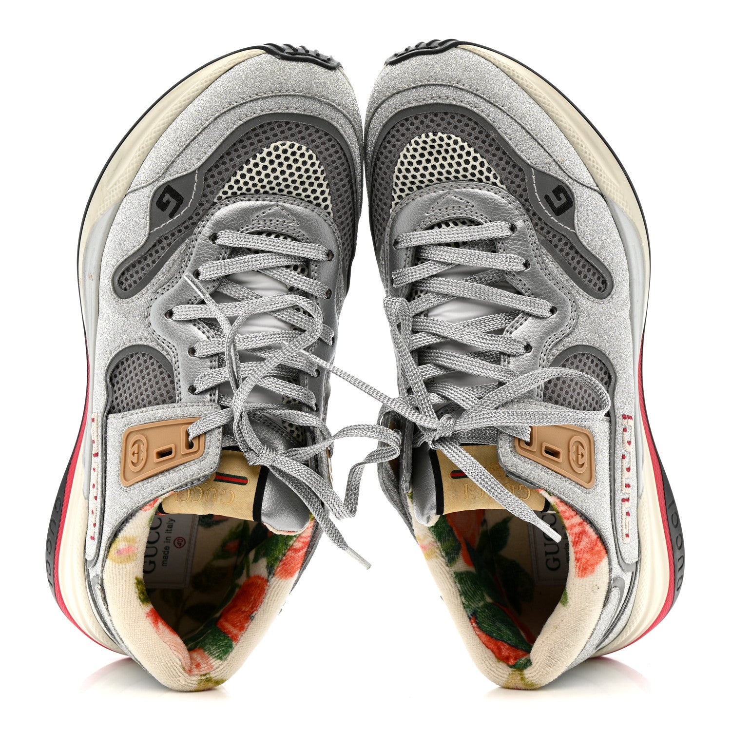 Gucci Metallic Calfskin Glitter Mesh Womens Ultrapace Sneakers 40 Silver Light Grey Mystic White 2 of 8