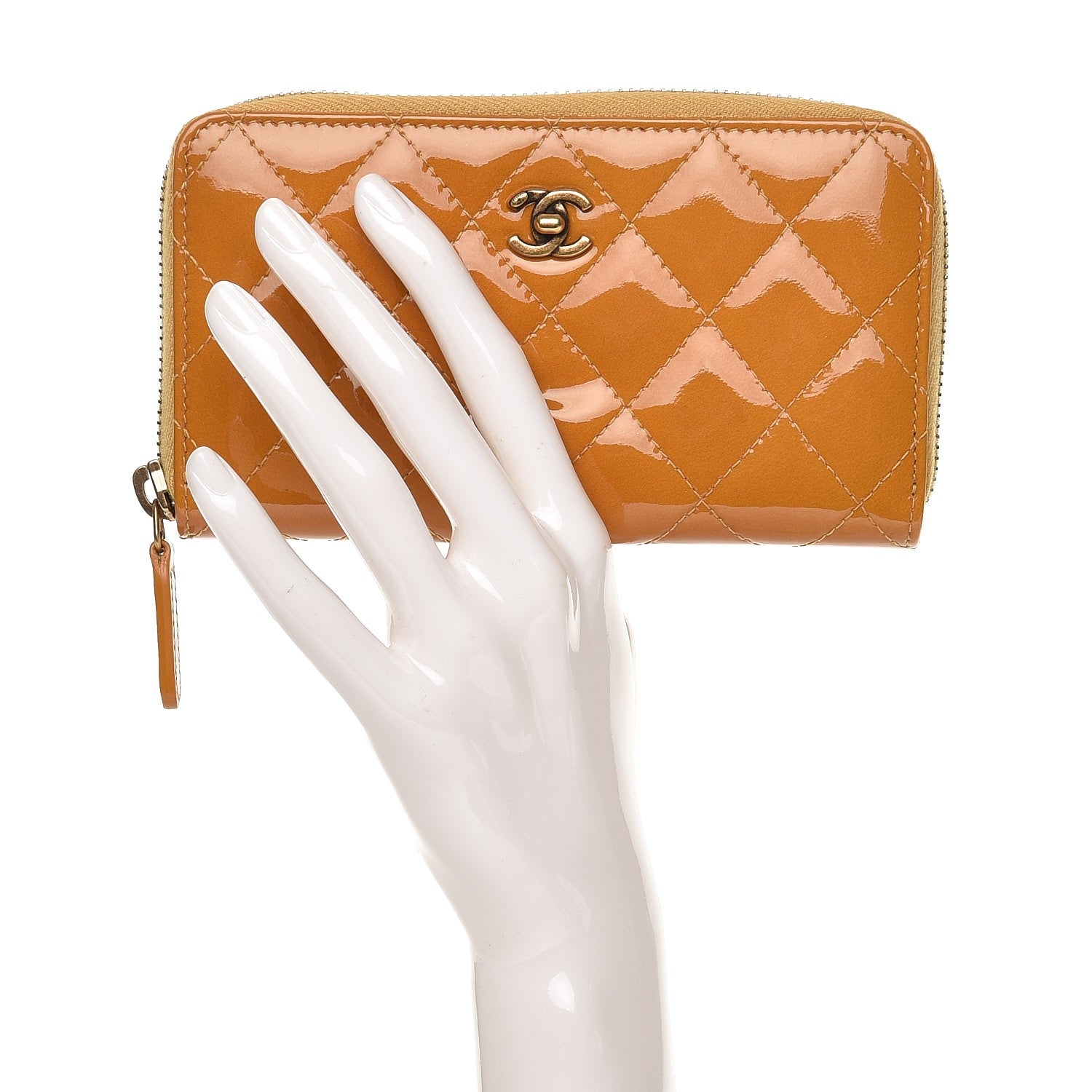 Chanel Patent Quilted Small Zip Around Wallet Camel 2 of 8
