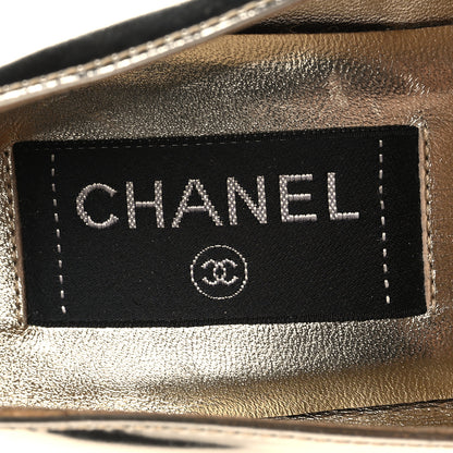 Chanel Laminated Calfskin Grosgrain Cap Toe CC Pointed Toe Wedge Pumps 36 Gold Black 9 of 9