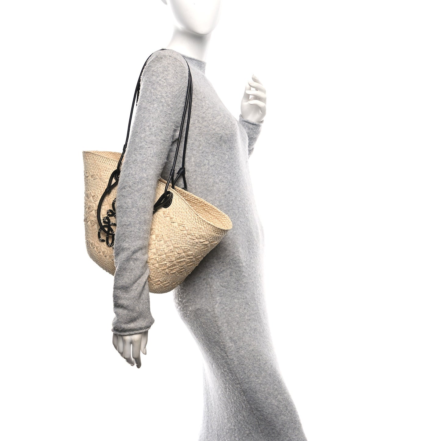 Calfskin Raffia Paulas Ibiza Medium Anagram Basket Tote Bag Natural Black