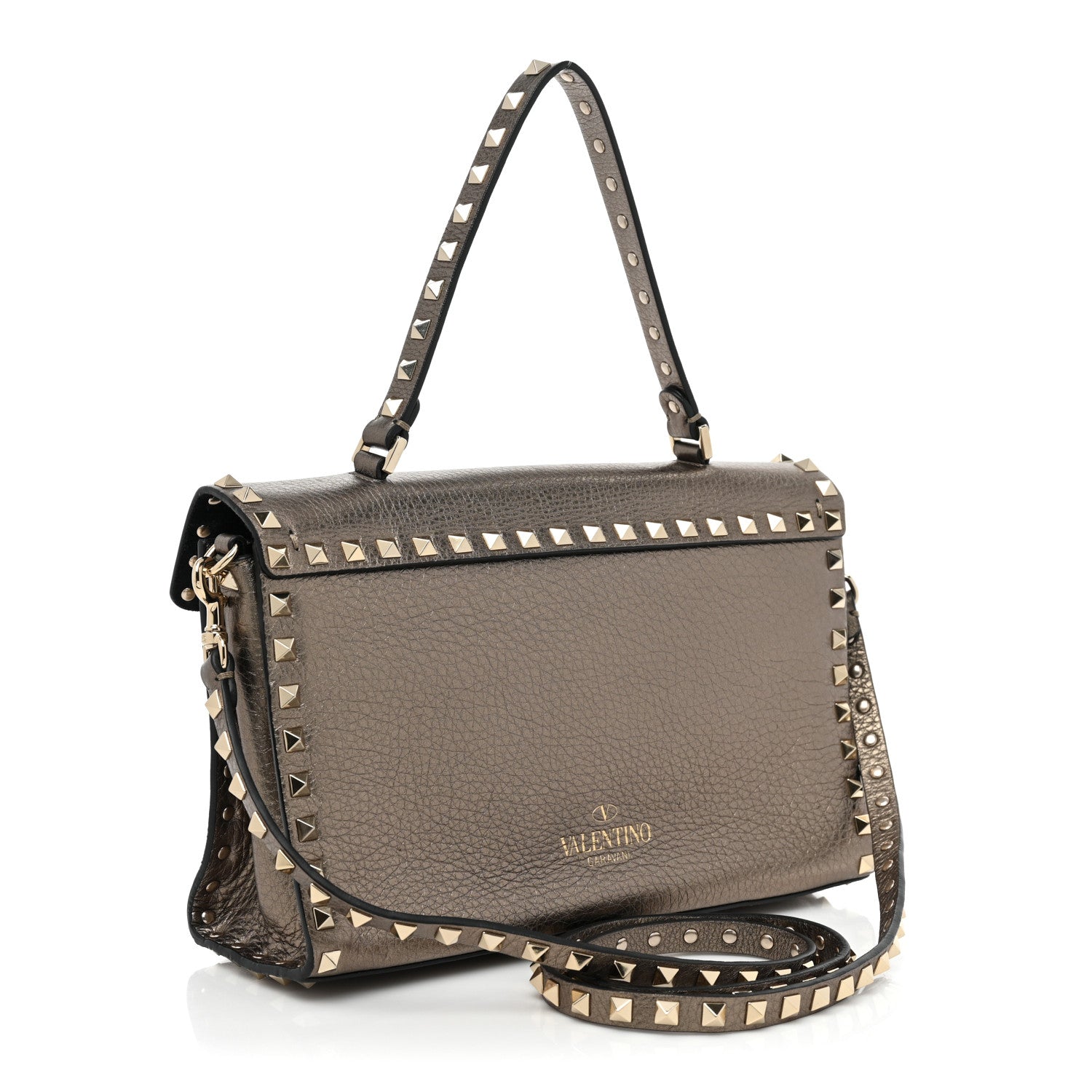 Valentino Garavani Metallic Pebbled Calfskin Small Rockstud Single Handle Flap Bag Sasso 2 of 9